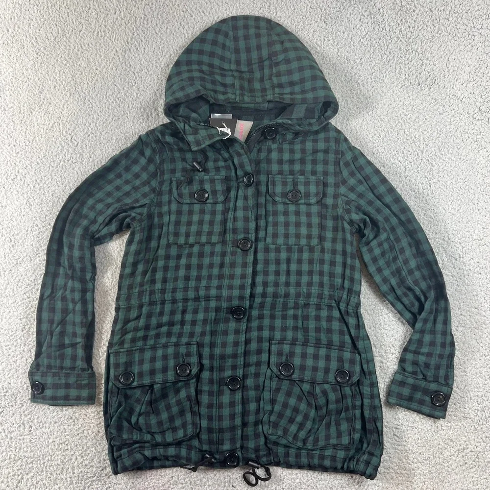 Joyrich Buffalo Check Field Jacket Womens M Green Black Plaid Hooded Utility NWT